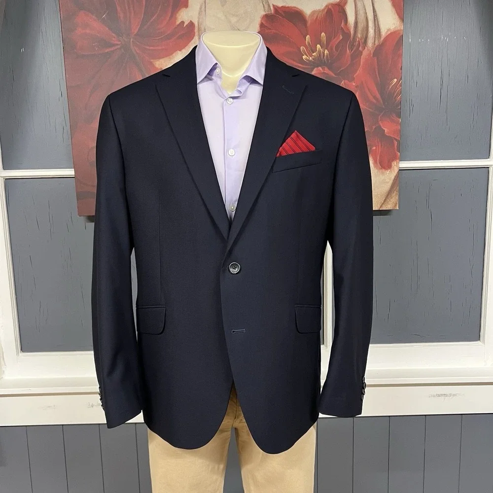 Kenneth Cole Blazer Jacket Sport Coat Mens 46R Polyester Blend Stretch Dark Navy
